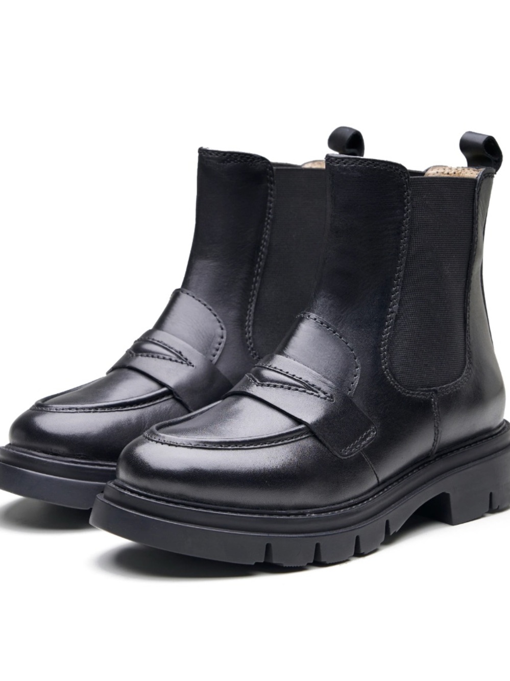 Black Leather Chelsea Booties with Lug Sole